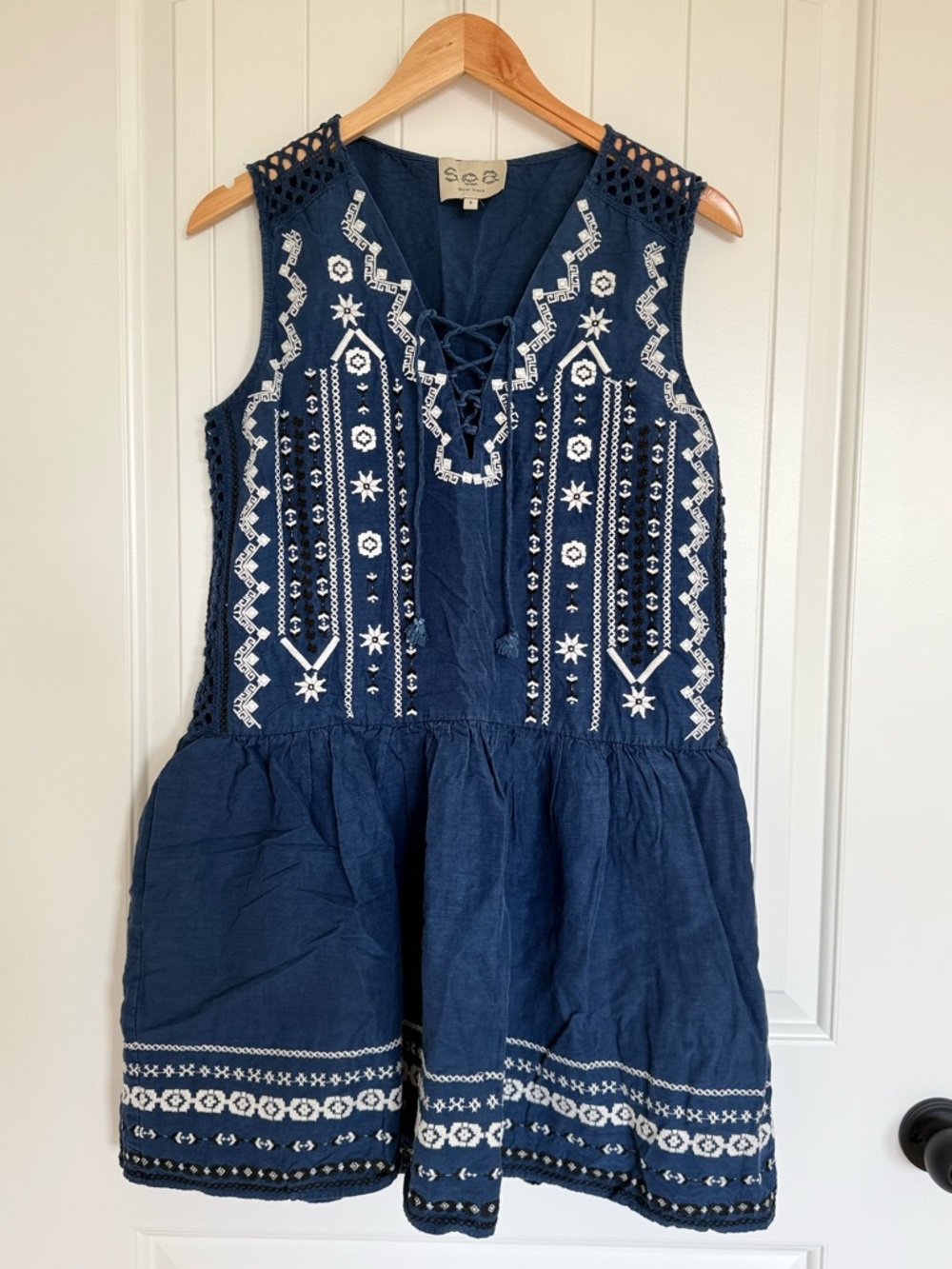 Sea New York Blue Crochet Embroidered Drop Waist Dress Silk Linen Lined Mini 6